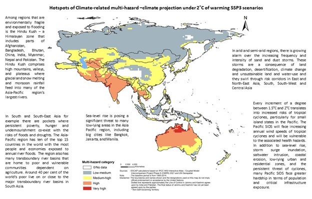 Map of hos spot climate-related projection under 2 degree Celsius worsening of warming SSP3 scenarios